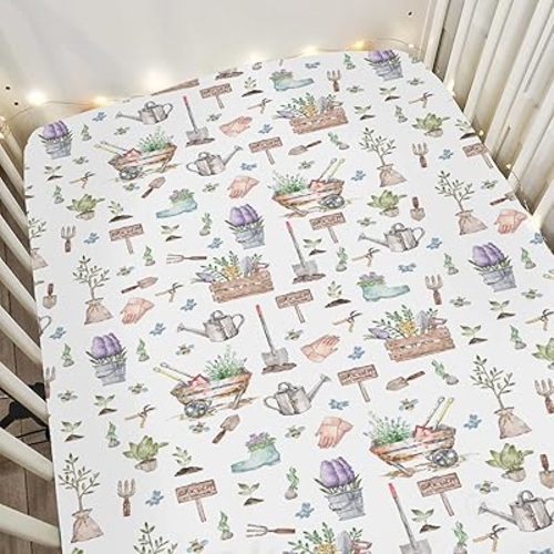 Spring Gardening Baby Crib Sheets for Boy Girl 52x28Inch Purple Flowers Plant Garden Tools Soft Snug Fitted Crib Mattress Cover Greenery Nursery Baby Sheet for Standard Crib & Toddler Bed Mattress