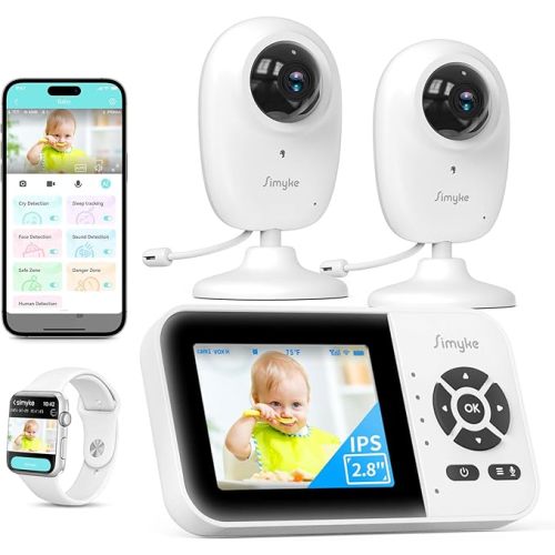 Simyke Smart Baby Monitor with 2 Cameras and Audio,App,Long Range,Night Vision,Temperature Sensor,2 Way Talk, Feeding Clock and lullabies,Home Use