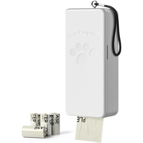 Dog Poop Bag Dispenser Wall Mount with Magnetic Lid, Quick Pull & Easy Access, White Dog Poop Bag Holder for Outdoor Yard, Includes 4 Rolls (60 Bags)
