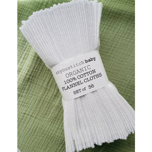 Handmade. Organic Cloth Baby Wipes . 8x8 organic cotton flannel.  Reusable washable cloth wipes and/or napkins.  100% GOTS certified. White