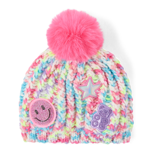 Girls Rainbow Embroidered Icon Pom Pom Beanie - Multi