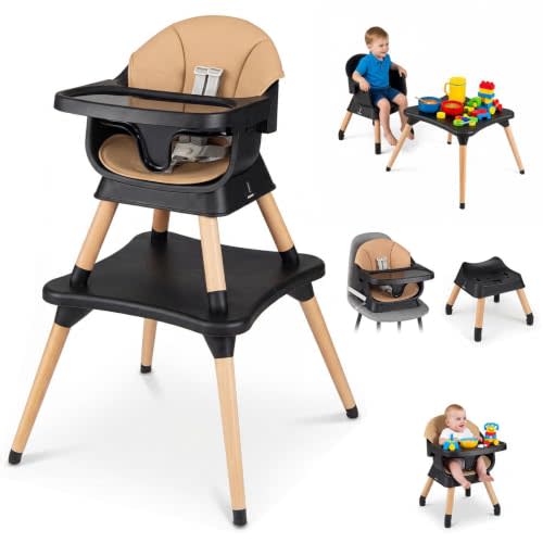 HONEY JOY 9-in-1 Baby High Chair, Convertible Wood Highchair for Babies and Toddlers/Dining Booster Seat/Table & Chair Set, Toddler Stool w/5-Point Safety Harness, Removable Cushion & Tray (Coffee)