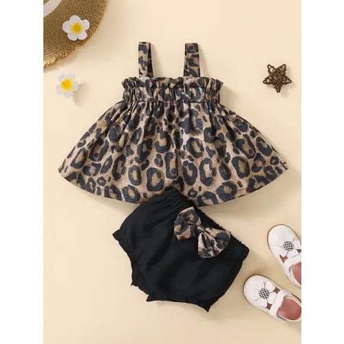 Spring Summer Baby Girl Set, Leopard Print Sleeveless Top Bow Pants, Cute Slim-Fitting Two-Piece, Above the Knee Length - TikTok Shop