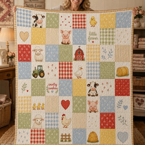 Farm Animal Quilt, Country Patchwork Blanket, Little Farmer Nursery Decor