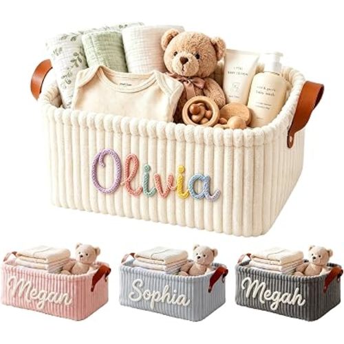 Large Capacity Personalised Corduroy Storage Basket for Baby Boy Girls with Knitted Name, Custom Shower Gifts, Nursery Storage Organizer Bin w/ Handles, Diapers Cady Toys Clothes Box