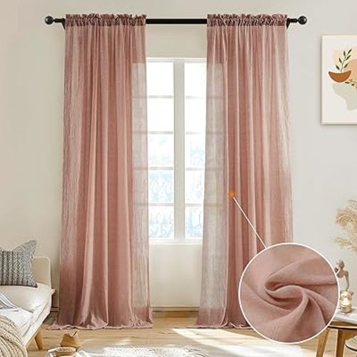 Melodieux Blush Pink Sheer Curtains 63 Inch Length for Bedroom Elegant Light Filtering Crinkle Cotton Linen Sheer Drapes, Living Room Rod Pocket Rustic Crepe Voile Curtains, 52”W x 63”L, 2 Panels
