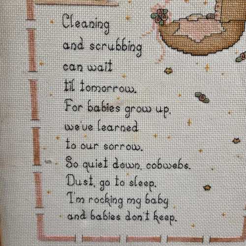 Vintage Framed Cross-Stitch Art: "Babies Don't Keep" Poem | Sentimental Motherhood Nursery Decor