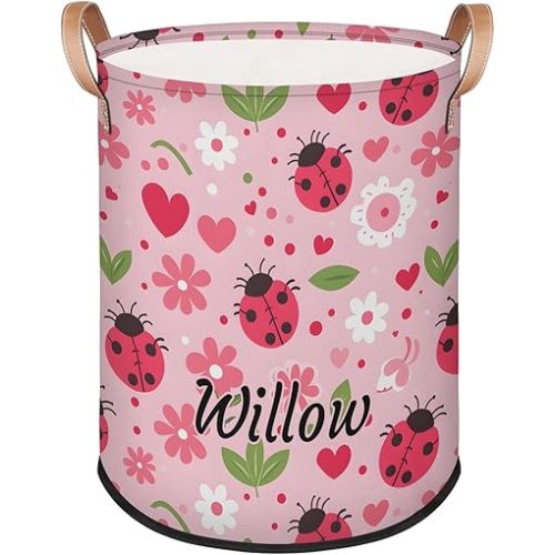 Laundry-Basket for Baby Boys Girls Pink Ladybugs Personalized Laundry-Hamper with-Handle Dirty-Clothes-Storage-Basket