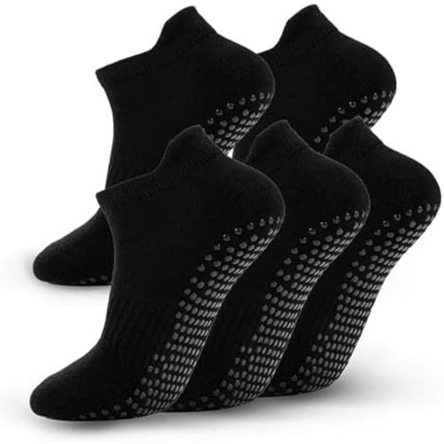 5 Pairs Pilates Socks with Grips for Women Non Slip Grip Yoga Crew Socks for Barre Hospital Barefoot Workout