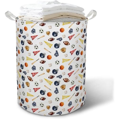 Sports Boys Laundry Basket Hamper, Sports Nursery Decor, Different Kinds Balls Foldable Clothes Toys Books Storage Box Bins Baskets Organizer for Kids Boys Room Bedroom Playroom