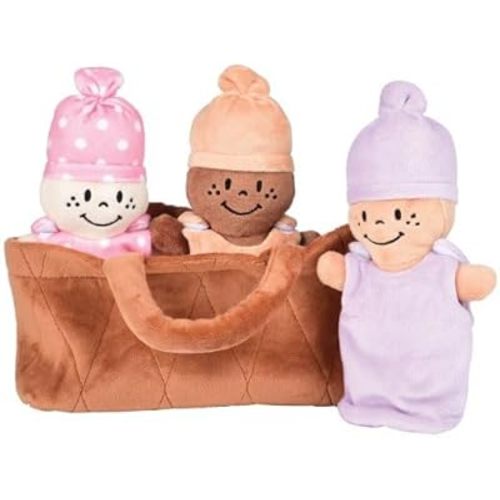 Creative Minds Basket of Babies with 3 Super Soft 9" Plush Doll Toys for Babies and Kids, Plush Multicultural Sensory Babies Toy Set with Basket, Orange, Purple, Pink