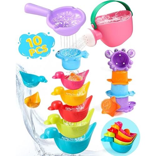 Toddler Bath Toys for Kids Ages 1-3 10 PCS Baby Bath Toys Mold Free with Multi Color & Shape Stacking Cups Bathtub Sand Pool Water Toys for 1 2 3 4 5 6 Birthday Gifts