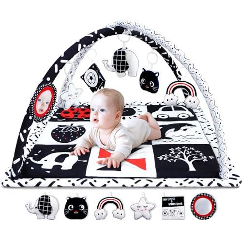 Poycuna Black and White Baby Gym Play Mat with 6 Toys Tummy Time Activity Mat for Babies 0-6 6-12 Months High Contrast Baby Gyms & Playmats Sensory Toys Newborn Brain Development Infant Play Mat