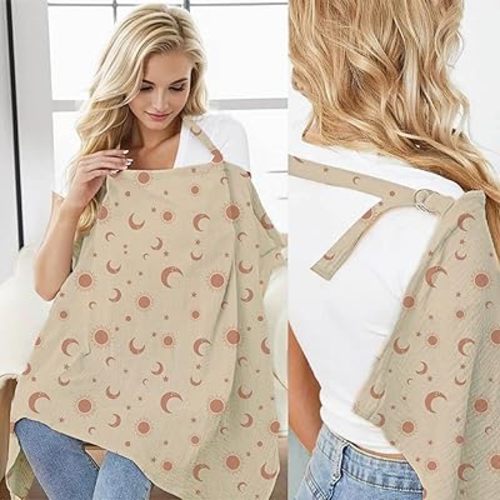 Muslin Nursing Cover for Breastfeeding Moms - 100% Cotton Lightweight & Breathable Privacy Shawl with Adjustable Rigid Hoop | Multi-use Apron (Sun,Moon&Stars)