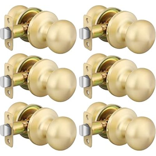 Goldenwarm Gold Closet Door Knobs, Passage Door Knobs, Brushed Gold Door knob Without Lock for Hallway, Closet(6 Pack)