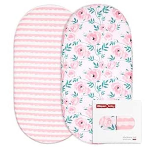 Gllquen Baby Bassinet Sheets Set 2-Pack, Breathable Cozy Bassinet Fitted Sheet Universal Fit Standard Mattress Oval Rectangle Cradle Baby Sheets for Baby Boy Girls Unisex 32"x16" (Pink Flower)