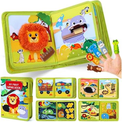 Gigilli Safari Busy Book for Toddlers 1-3, 20 Activities & 6 Finger Puppets, Montessori Toys Felt Busy Board, Wild-Animal Educational Learning Quiet Activity, Travel Toys Birthday Gifts for Boys Girls