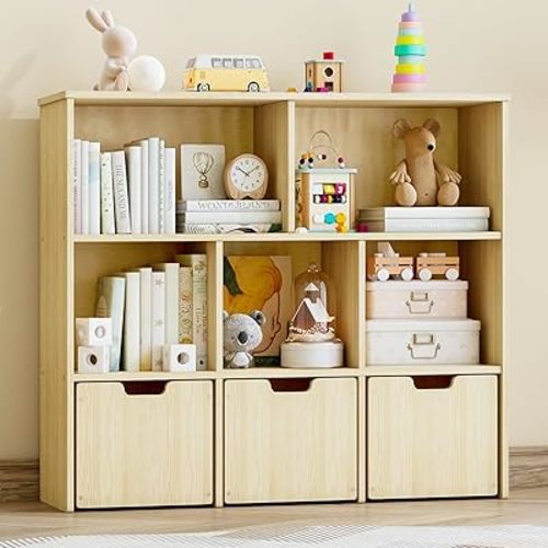 Toy Storage Organizer, Toy Organizer with 3 Movable Drawers and 5 Storage Cubes, Toy Storage Chest with Hidden Wheels, Kids Bookshelf for Playroom, Burlywood
