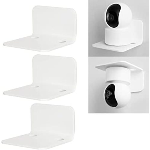 OAPRIRE White Floating Wall Shelves Set of 3 for Security Cameras, Baby Monitors, Speakers & More - Universal Acrylic Small Wall Shelf with Cable Clips, 10-Piece Strong Tapes, No Drill