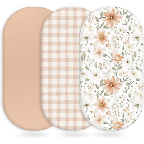 Baby Bassinet Sheets Girl Boy, Fitted Bassinet Sheet Set 3 Pack Bassinet Mattress Sheets Universal Fit for Rectangle, Round, Oval, Hourglass Mattress, Soft Breathable Orange Flowers & Plaid