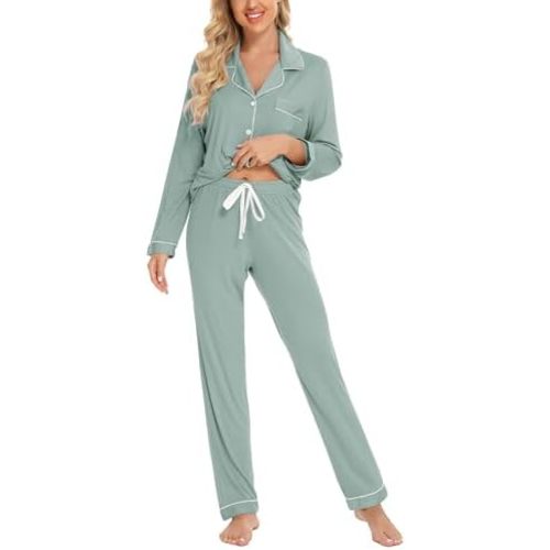 Leikar Button Down Pajamas for Women Soft Viscose Sleepwear Long Sleeve Pjs Set Maternity Nursing Postpartum Loungewear