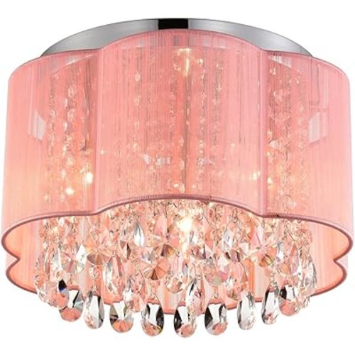LaLuLa Pink Crystal Chandelier Ceiling Light - 3-Light Flush Mount with Handmade Flower Lampshade, Small Modern Chandelier for Girls' Bedroom, Nursery, Closet, or Kids Room Lighting Fixture
