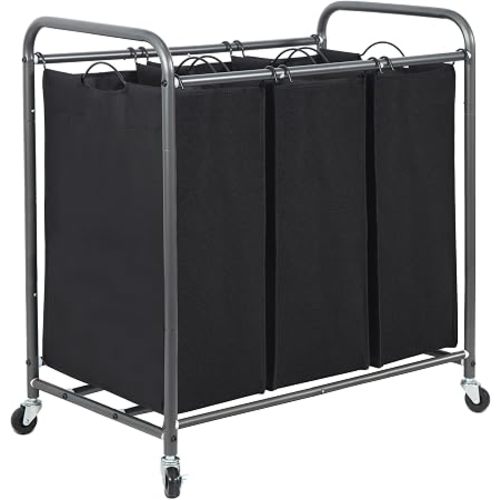 STORAGE MANIAC 3 Section Laundry Sorter, 35.6 Gal (135 L) Laundry Hamper Cart with Heavy Duty Rolling Lockable Wheels and Removable Bags, Clothes Organizer Basket Separator Hamper, Gray
