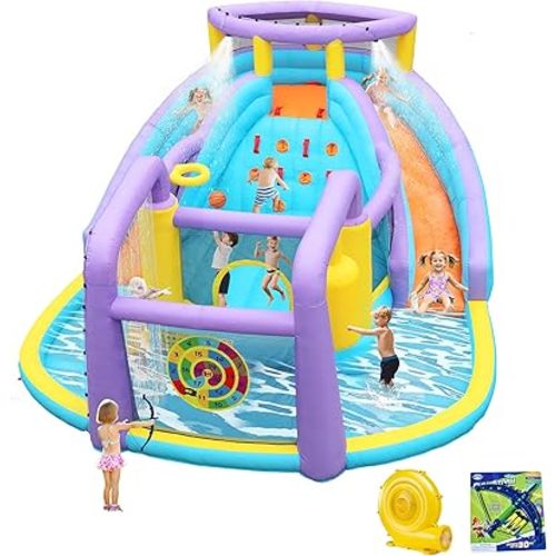 8 in 1 Inflatable Water Slide Bouncy House with Double Slides Water Park with Splash Pool,Climbing Wall,Target Game for Outdoor Backyard Aged 3-10 Kids with 520W Blower 174 x 165 x 90 Inches
