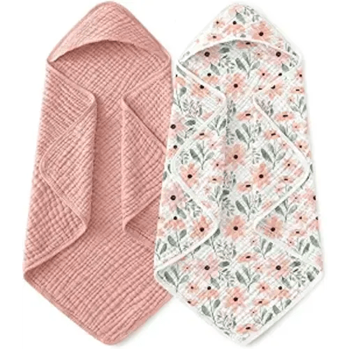 Yoofoss Hooded Baby Bath Towels 2 Pack 100% Muslin Organic Cotton with Hood