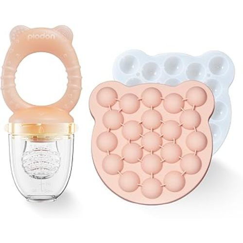 Baby Fruit Feeder& Teether with Freezer Tray Combo, BPA-Free Silicone Food Feeder for 4+ Months, Breastmilk Popsicle Molds for Teething Relief, Dishwasher Safe Baby Food Freezer Tray with Lid