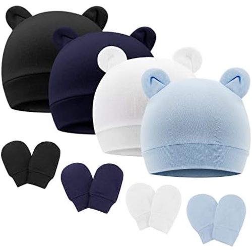 DRESHOW BQUBO Newborn Baby Bear Ears Hats and Mittens Sets Preemie Cotton Caps Baby Boy Girl Infant Hospital Beanie