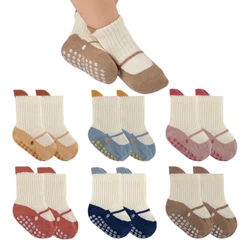 Baby Toddler Socks Girls Boys Non Slip Baby Grip Socks Cute Cotton Crew Socks for Newborn Infant Toddler 6 Pairs