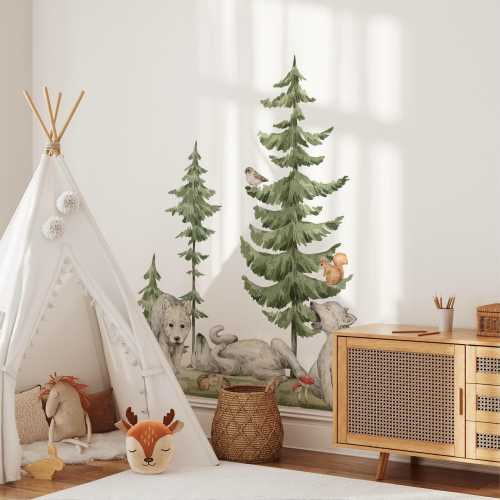 Woodland Forest Wolves Wall Decal Set | Peel and Stick Fabric | Baby Animals Forest Collection