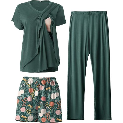 Rnxrbb 3 PCS Nursing Pajamas Set Postpartum Pjs Breastfeeding Sleepwear for Women Double Layer with Pockets