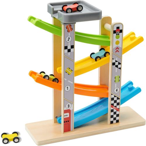 Wooden Car Ramp Toy with 4 Rainbow Track and 4 Mini Cars N5931