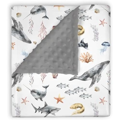 Mink Baby Boy Girl Blankets Under The Sea Animals, Ocean Creature Whale Shark Soft Double Layer Dotted Backing Receiving Swaddle, Newborn Infant Toddler Nursery Crib Bedding Shower Gift 30x40