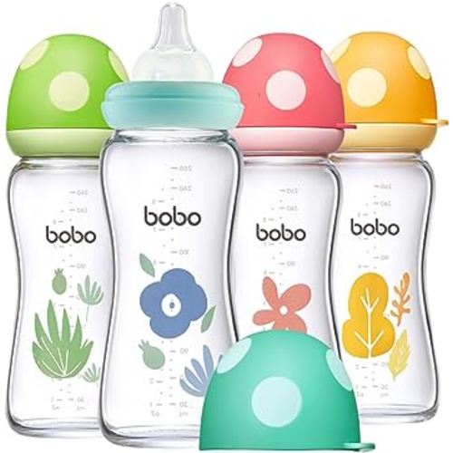 YOHKOH Natural Glass Baby Bottle with Level 2 Medium Flow Nipple, Newborn Anti-Colic Baby Bottles, Wide Neck Mushroom Baby Glass Bottle (8.8oz (Pack of 4), Multicolour)