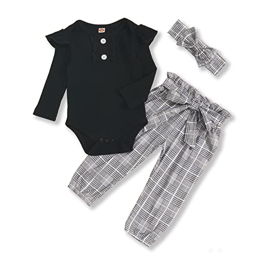 Kislio Newborn Baby Girls Clothes Ribbed Ruffled Romper+Floral Pants+Headband Infant Outfit Set