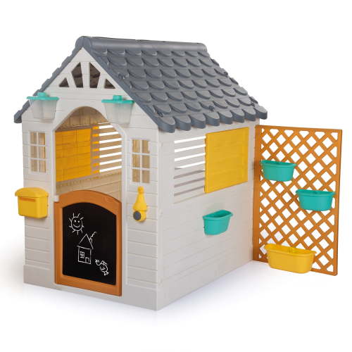 Dolu: Garden Playhouse With Fence - White-Grey-Yellow - Outdoor-Indoor Toy, Chalkboard Door, Durable Charming Design, Easy Assembly, Kids-Toddlers 2+