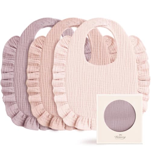 Konssy 3-Pack Muslin Baby Girl Bibs, 100% Cotton with Ruffle Trim | Ultra Soft & Absorbent, Baby Essentials for Drooling and Teething, for Newborn, Infant & Toddler 0-36 Months