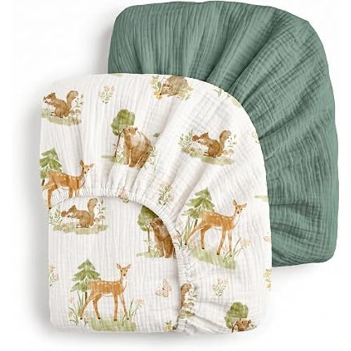 Muslin Crib Sheets for Boys Girls, Fitted 52''x28'' Organic Cotton