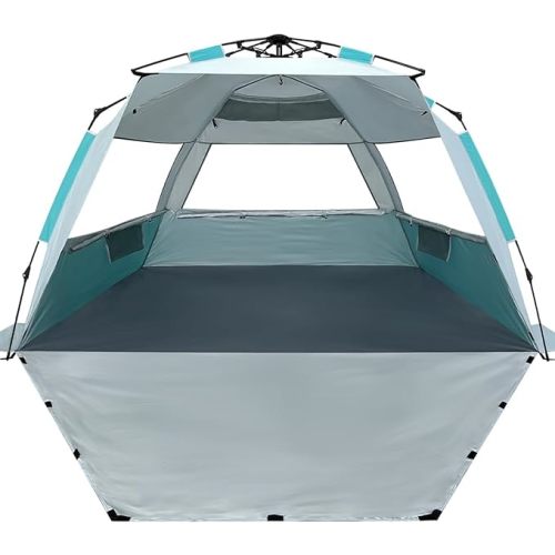 WhiteFang Deluxe Pop Up Beach Tent Sun Shade Shelter for 3-4/5-6 Person, UV Protection, Extendable Floor with 3 Ventilating Windows Plus Carrying Bag, Stakes, and Guy Lines