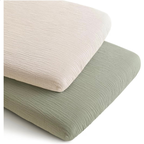 Konssy 2 Pack Muslin Bassinet Sheets for Boys, Girls, 100% Cotton Soft Breathable Fitted Bassinet Mattress Sheet, 33 x 21 inches (Fog Green,Cream)