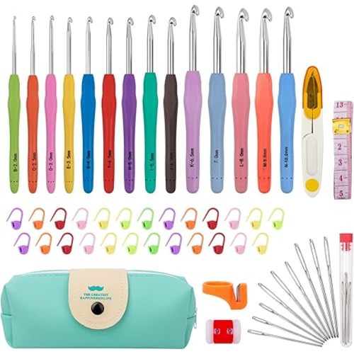 MECHEER Crochet Hooks 12 Sizes Crochet Hook Set, 51 Pack Yarn Crochet Kit for Beginners, Knitting Needles with Ergonomic Handles for Arthritic Hands, Crochet Needle Kit with Blue Case for Crocheters