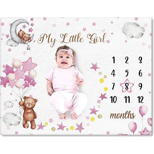 Mindsoft Sleeping Bear Monthly Baby Milestone Blanket Bear Star Balloon Flannel Blanket Boy Newborn Infant Swaddle Growth Chart Baby with Frame for Boys Girls Nursery (Pink)