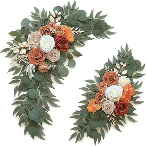 Olalaka Artificial Flower Swag Set of 2 for Wedding Welcome Signs Floral Decorations, Burnt Orange Wedding Arch Flowers for Wedding Ceremony