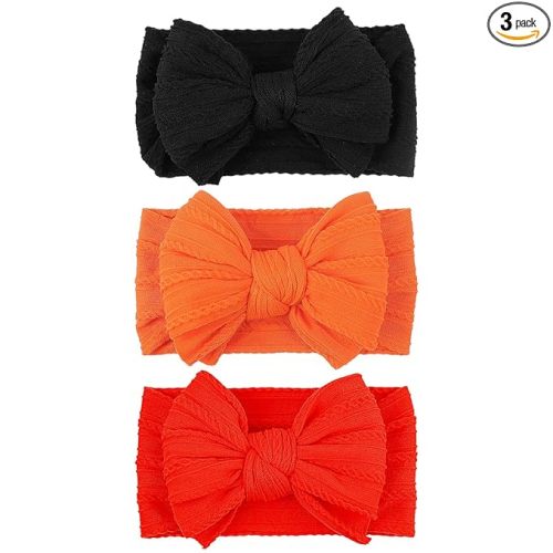 LemonSpace Handmade Halloween Thanksgiving Baby Bows for baby girls Stretchy Nylon Hair Bands Hair Accessories with Orange Headbands Bows for Newborn Baby Girls Infant Toddlers Kids Bow(Orange Black)