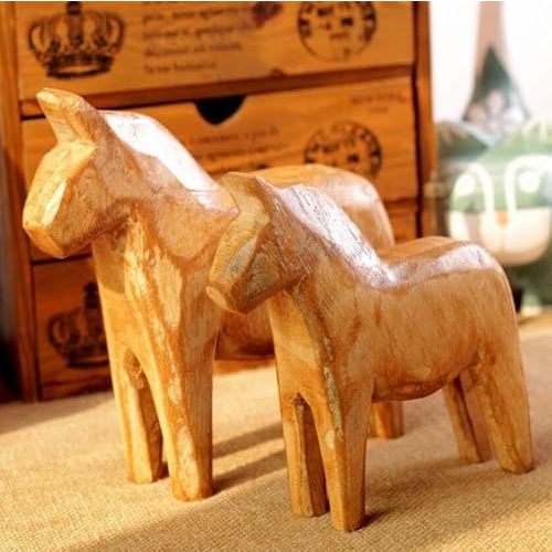 EatingBiting 2pack 8.5" and 6.7" Wood Hand Carved Lucky Sculpture Neutral Painting Swedish Horse Statue Unfinished Wooden Horse Figurine Statue Desk Home Decor
