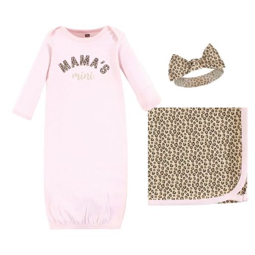Hudson Baby Infant Girl Gown, Swaddle Blanket and Cap or Headband, Leopard Mamas Mini, 0-6 Months