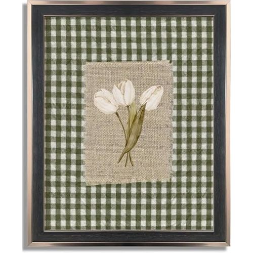 Framed White Tulip Canvas Wall Art Gingham Tulips Wall Decor Pictures Vintage Cottagecore Botanical Flower Poster Prints for Kitchen Bedroom Living 8X10in Ready to Hang